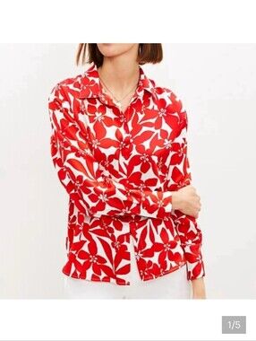 NWT LOFT Red and White Floral Button-Down Shirt